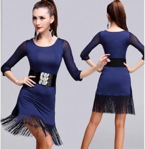 Orange black navy blue colored middle long sleeves microfiber women's ladies fashion competition performance gymnastics latin salsa cha cha samba dance dresses with sashes and shorts